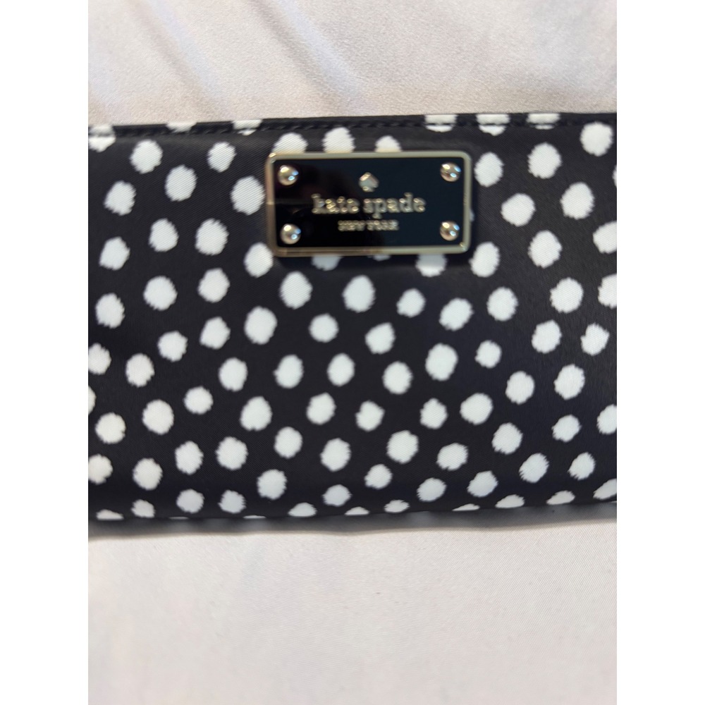 Kate Spade New York Polka Dot Zip Around Wallet Black White Nylon Logo Plaque